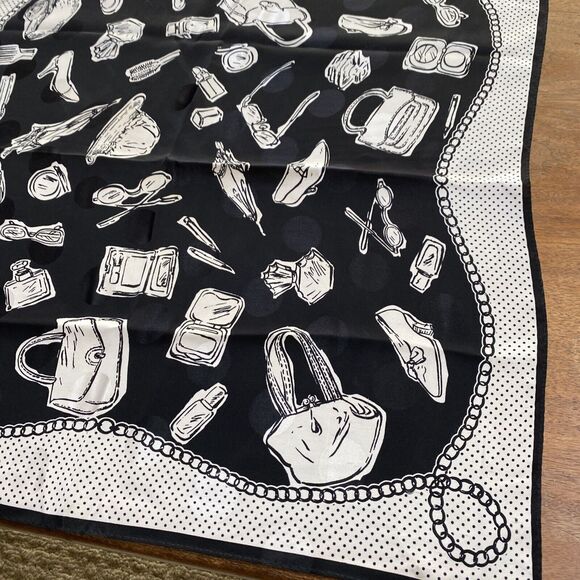 Vintage Talbots Black & White Silk Scarf Shopping Motif Neckerchief Monochrome - Picture 2 of 8